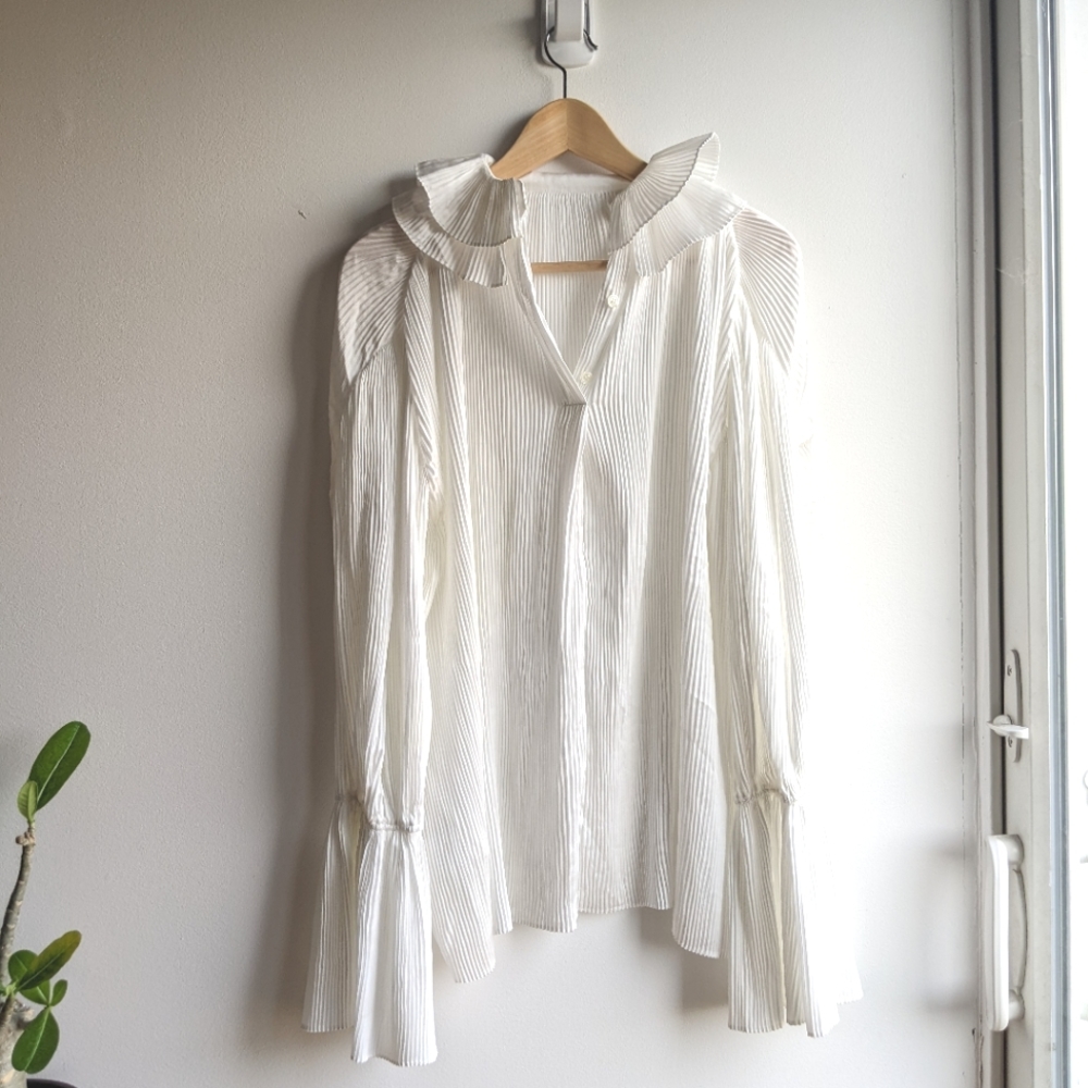 Tory Burch White Satin Pleated Blouse US2